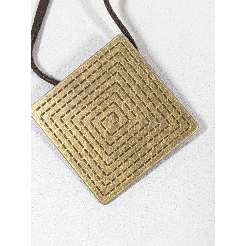 Beachy Tribal Boho Bronze Tone Spiral Square Pendant Cord Necklace 20 inch